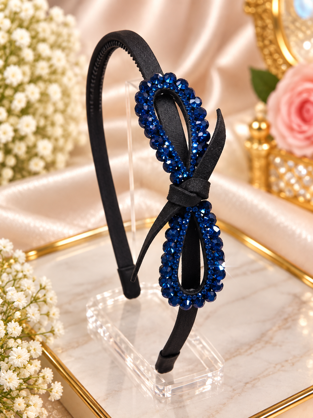 Blue Beaded Bow Hair Band