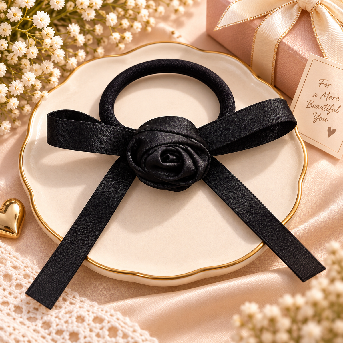 Black Satin Rose Bow Hair Tie