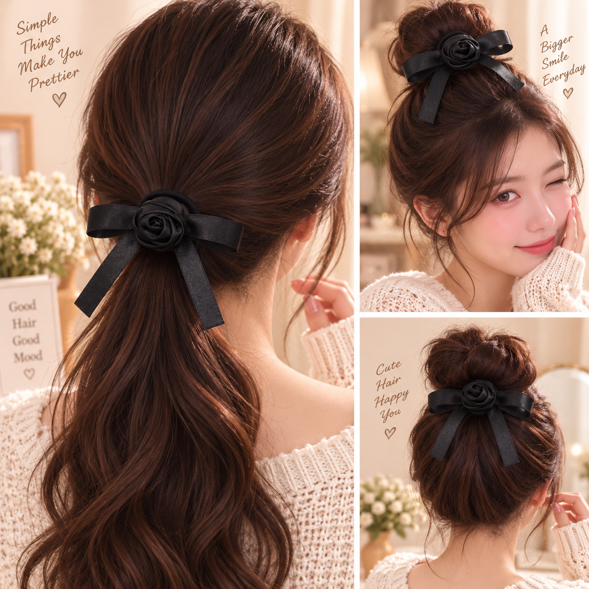 Black Satin Rose Bow Hair Tie