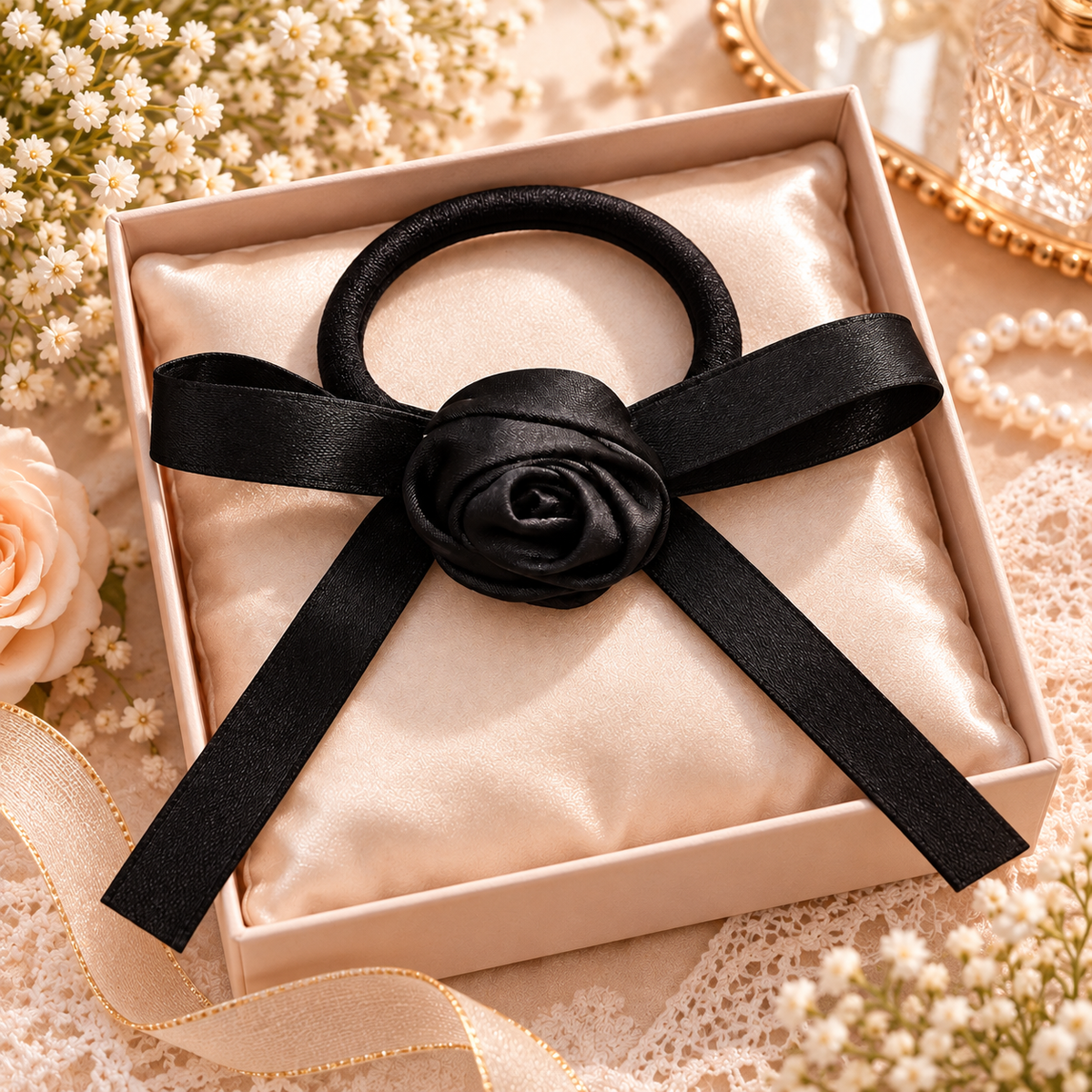 Black Satin Rose Bow Hair Tie