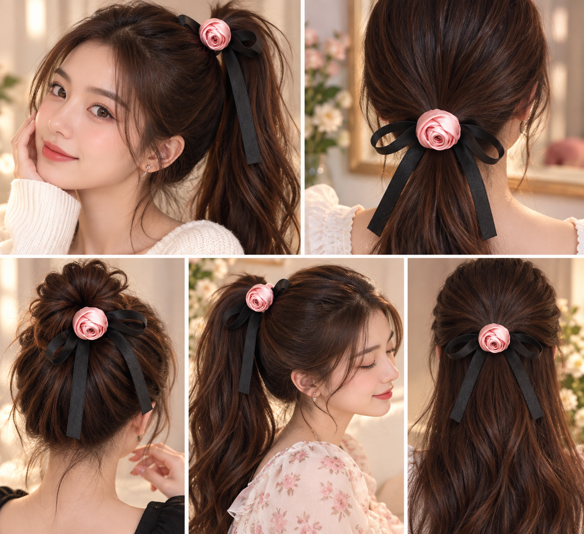 Pink Rose Black Bow Hair Tie