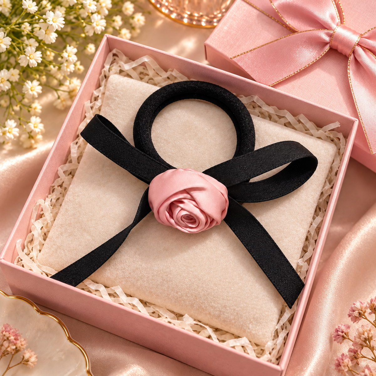 Pink Rose Black Bow Hair Tie