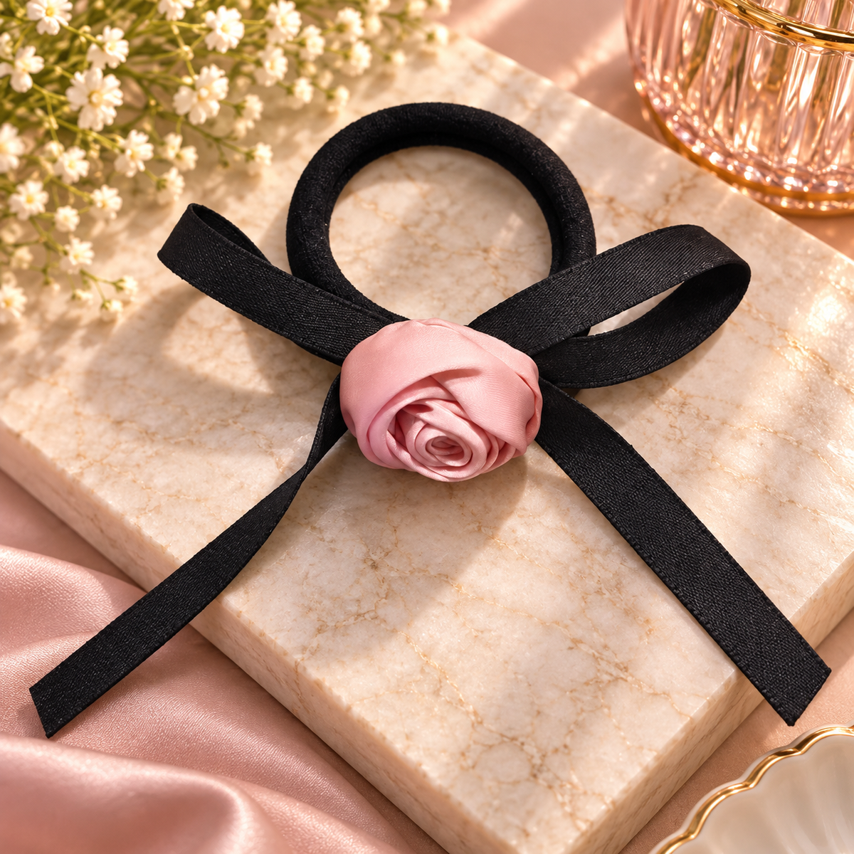 Pink Rose Black Bow Hair Tie