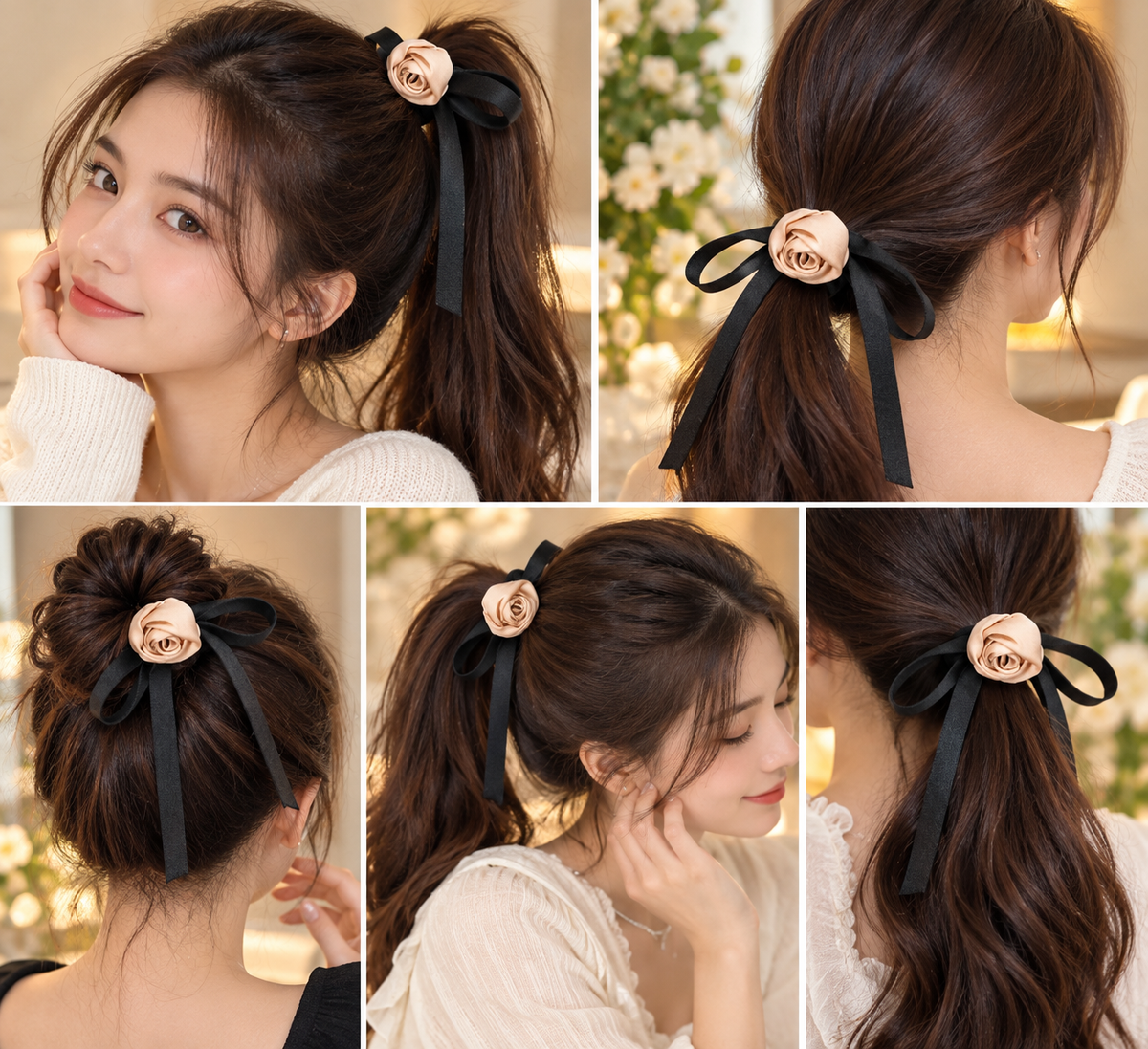 Black Satin Rose Bow Hair Tie