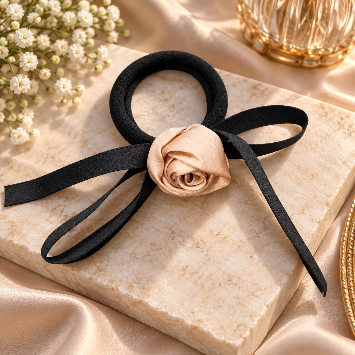 Black Satin Rose Bow Hair Tie