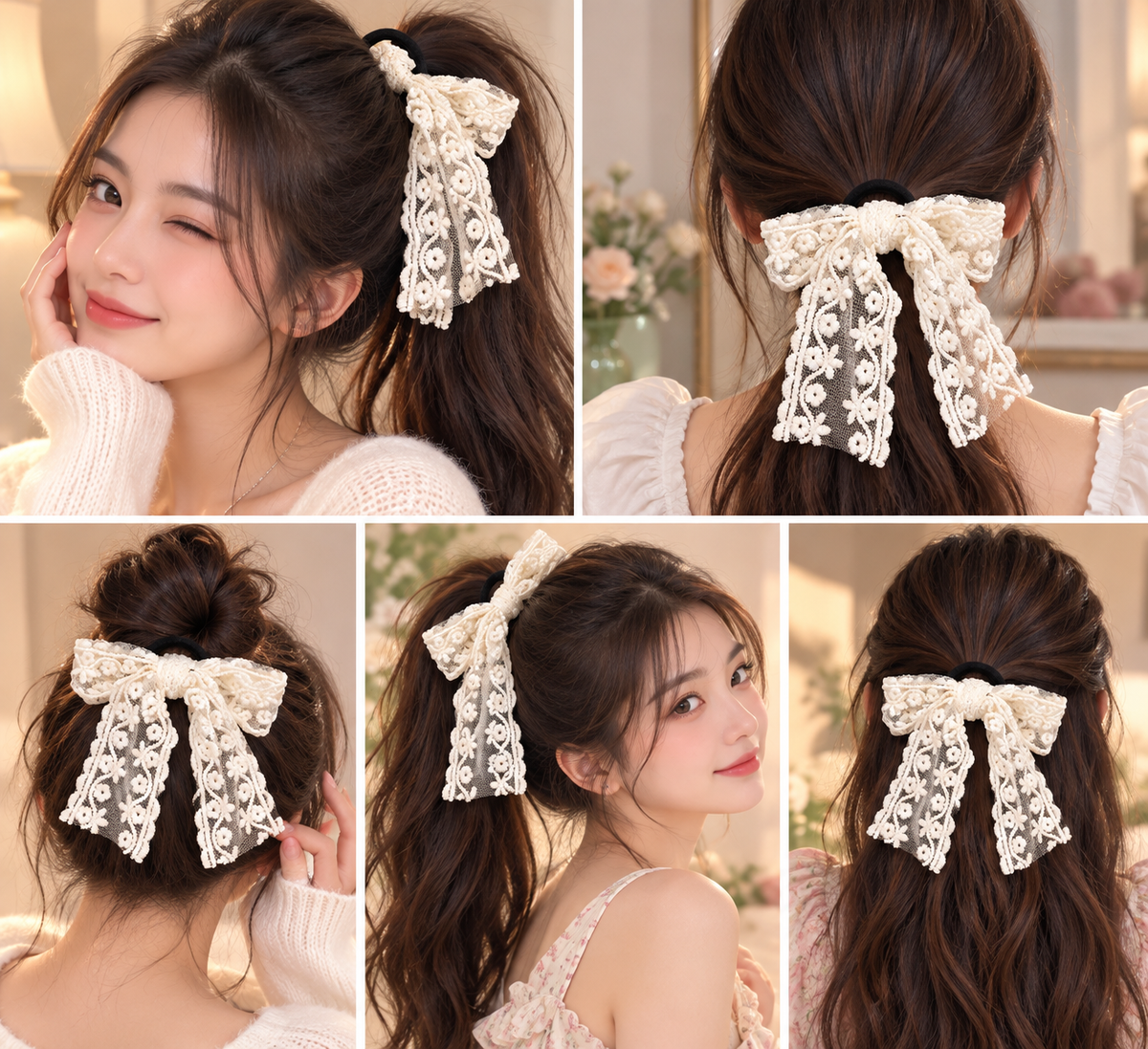 Ivory Floral Lace Bow Hair Tie