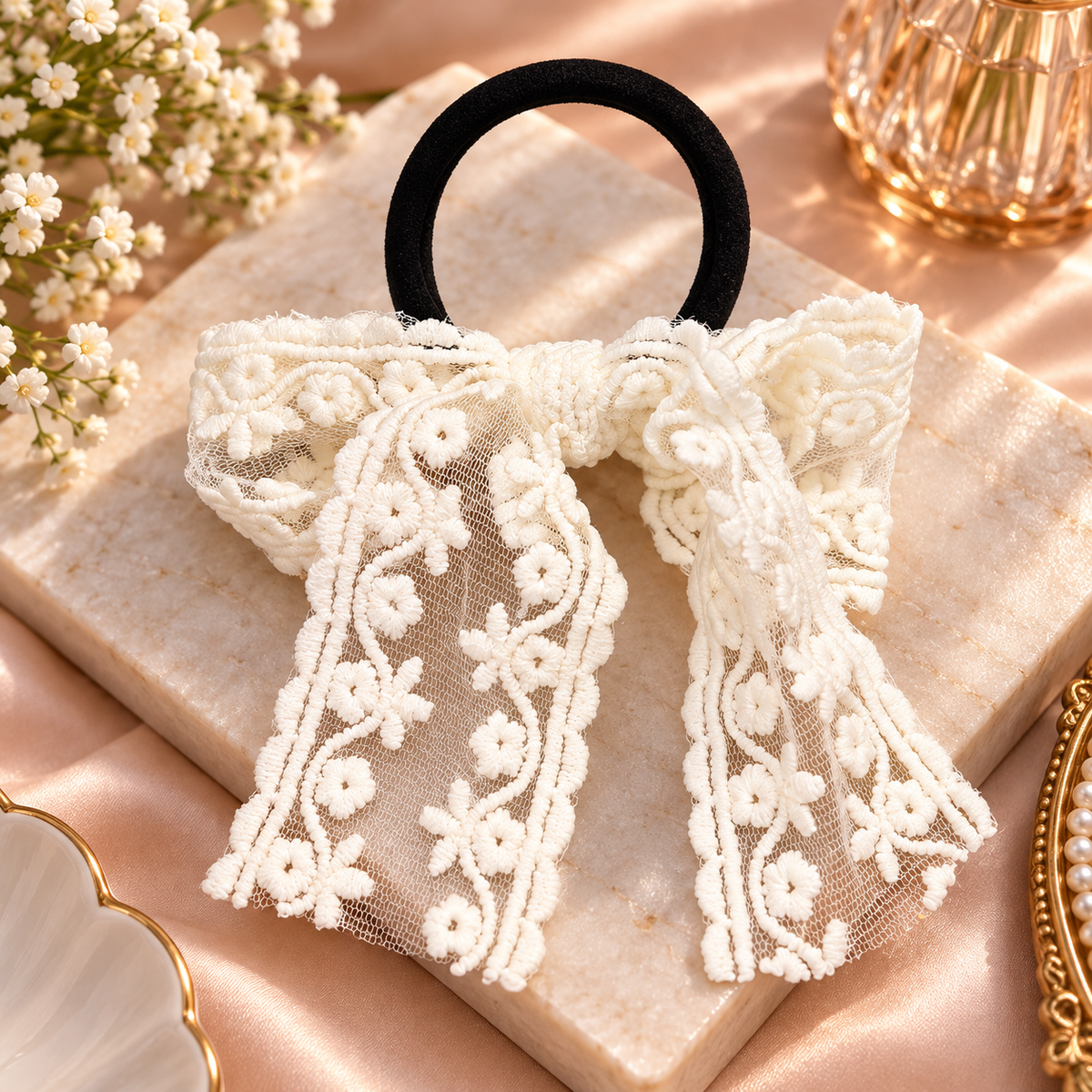 Ivory Floral Lace Bow Hair Tie