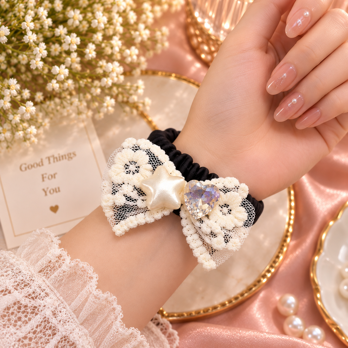 Floral Star Heart Bow Hair Tie