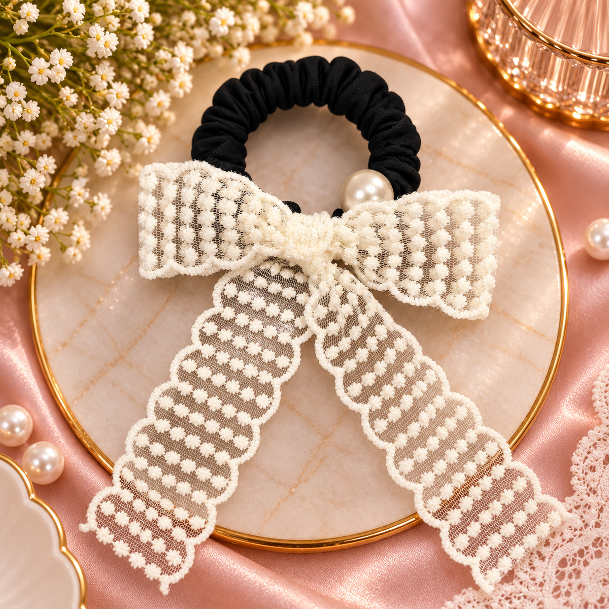 Ivory Lace Bow Hair Tie