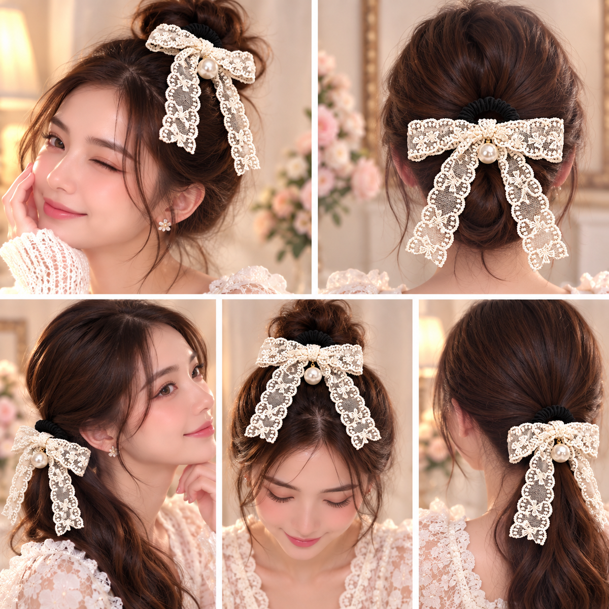 Ivory Pearl Lace Bow Hair Tie