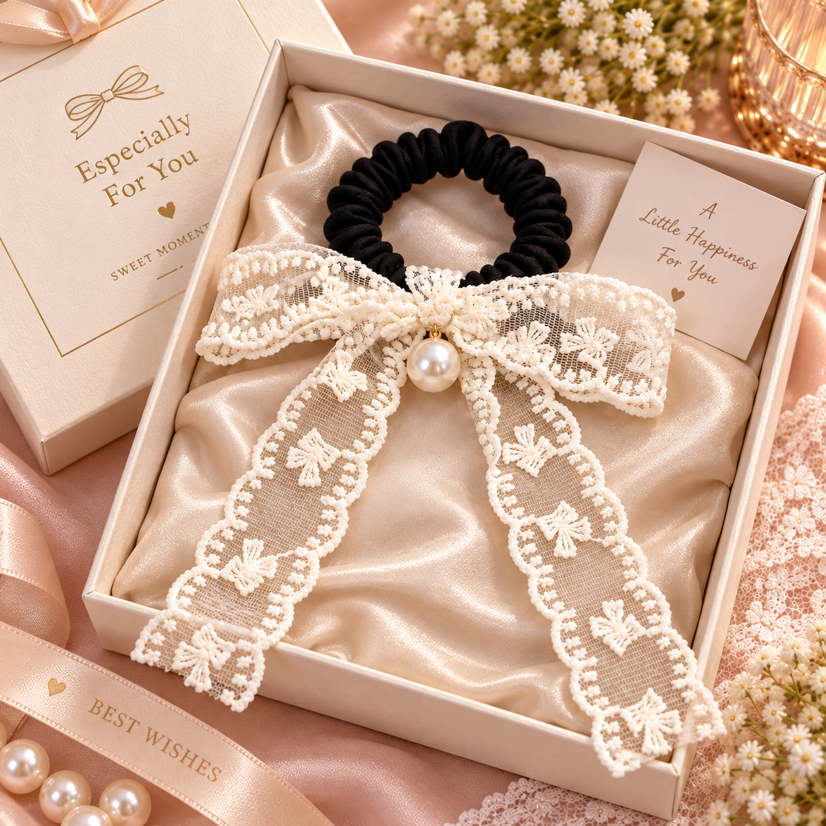 Ivory Pearl Lace Bow Hair Tie