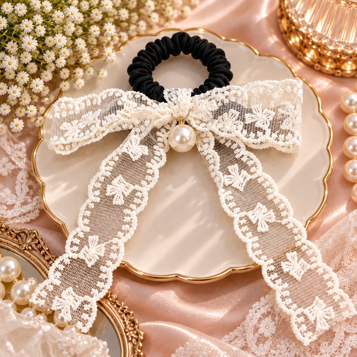 Ivory Pearl Lace Bow Hair Tie