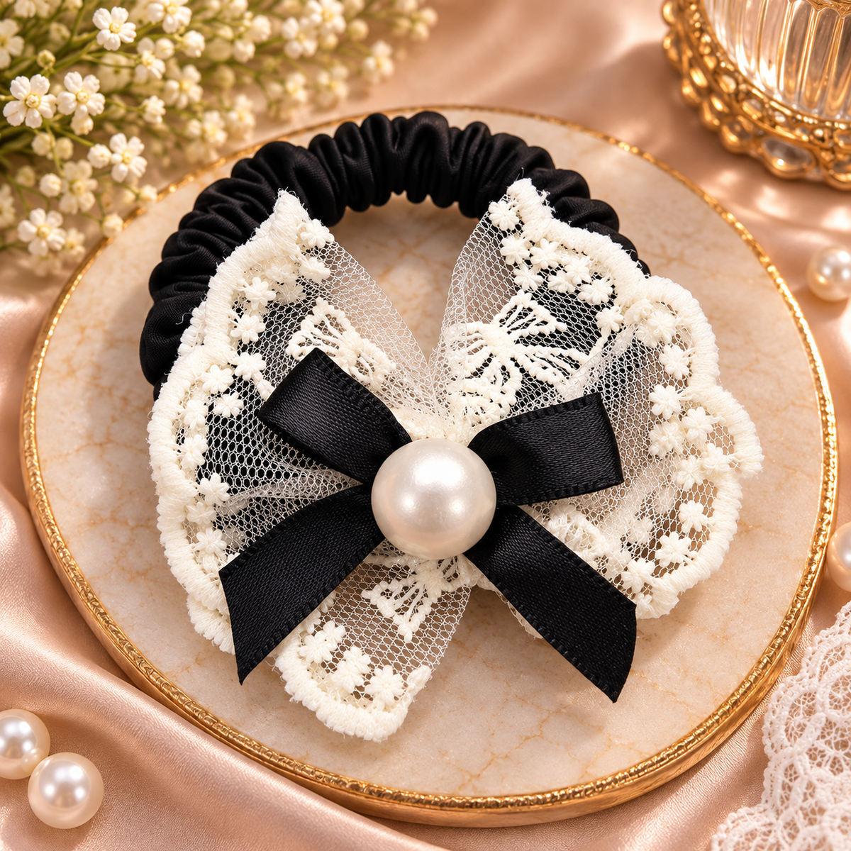 Black Pearl Lace Bow Hair Tie
