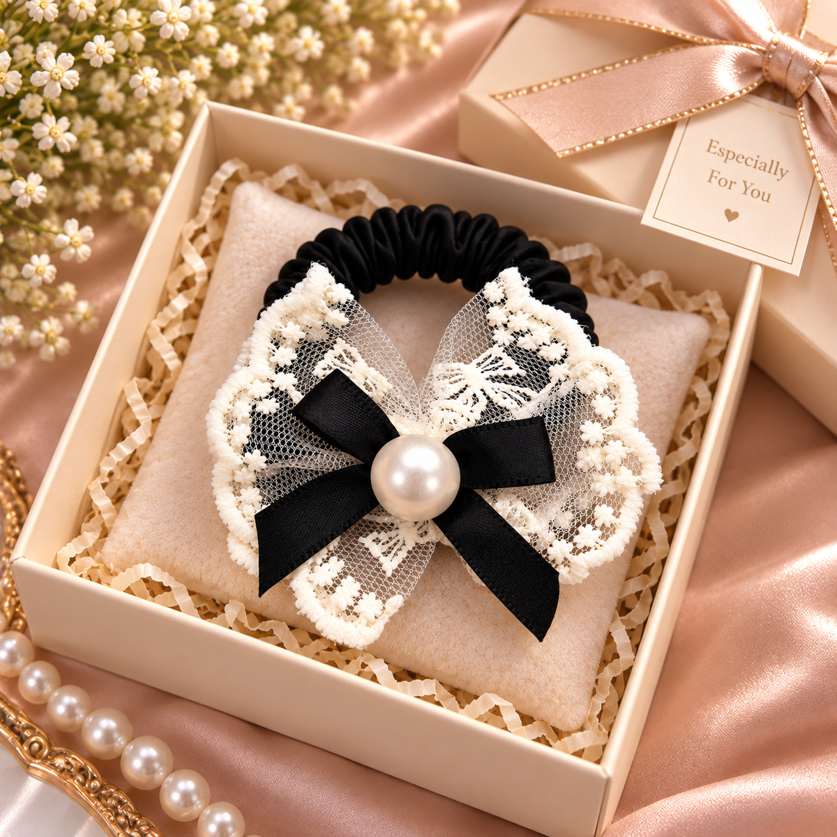 Black Pearl Lace Bow Hair Tie