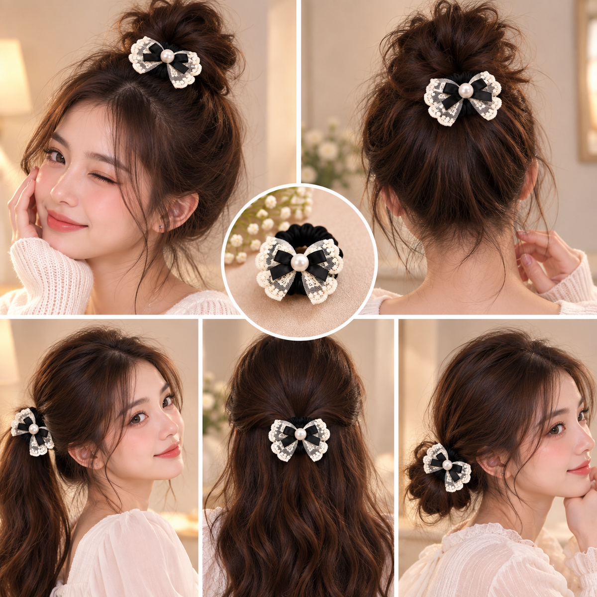 Black Pearl Lace Bow Hair Tie