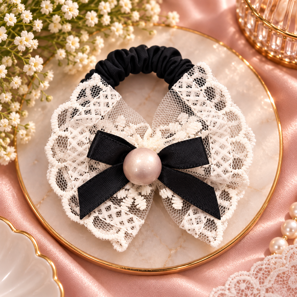 Pearl Lace Bow Hair Tie