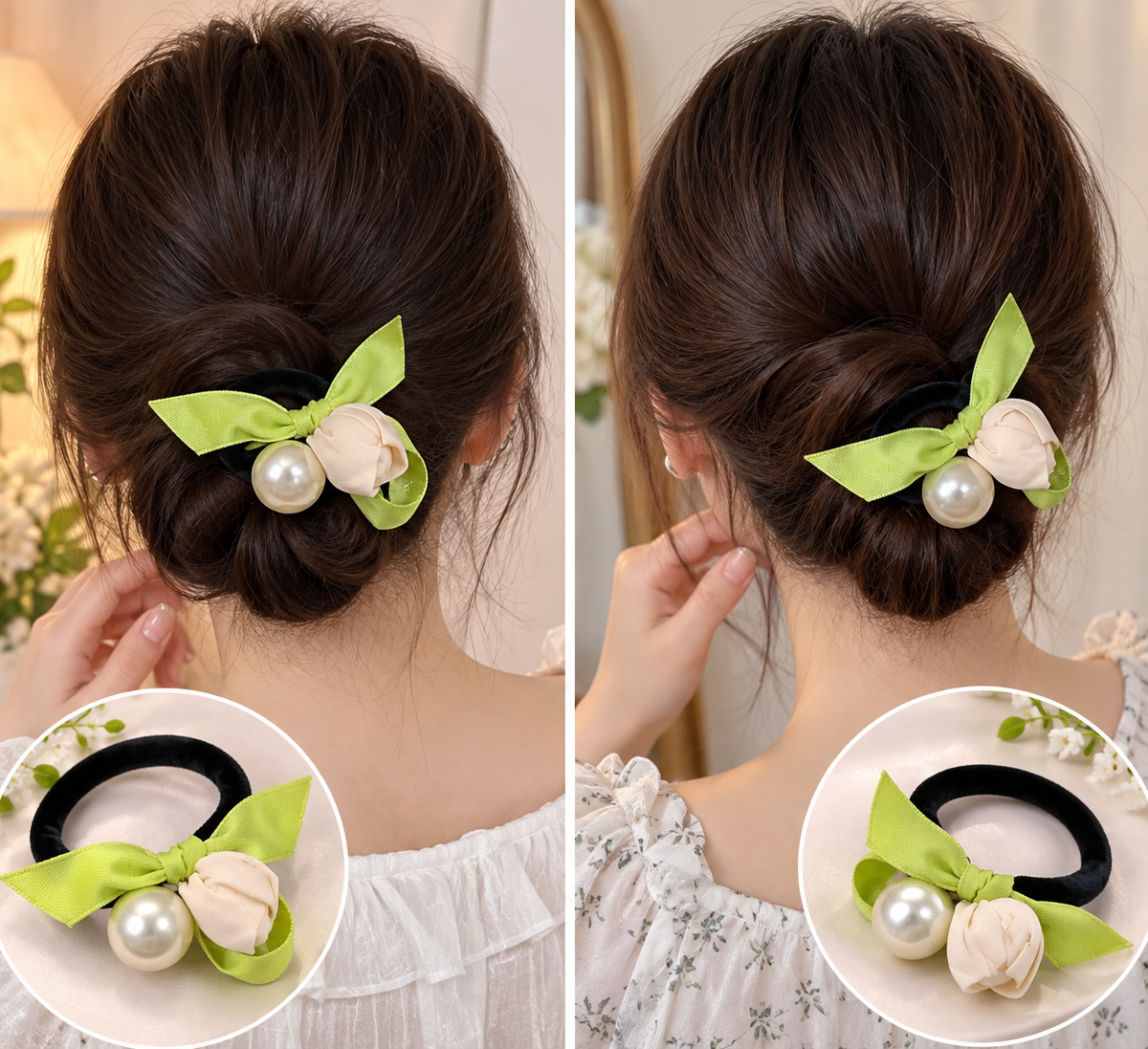 Green Floral Pearl Hair Tie