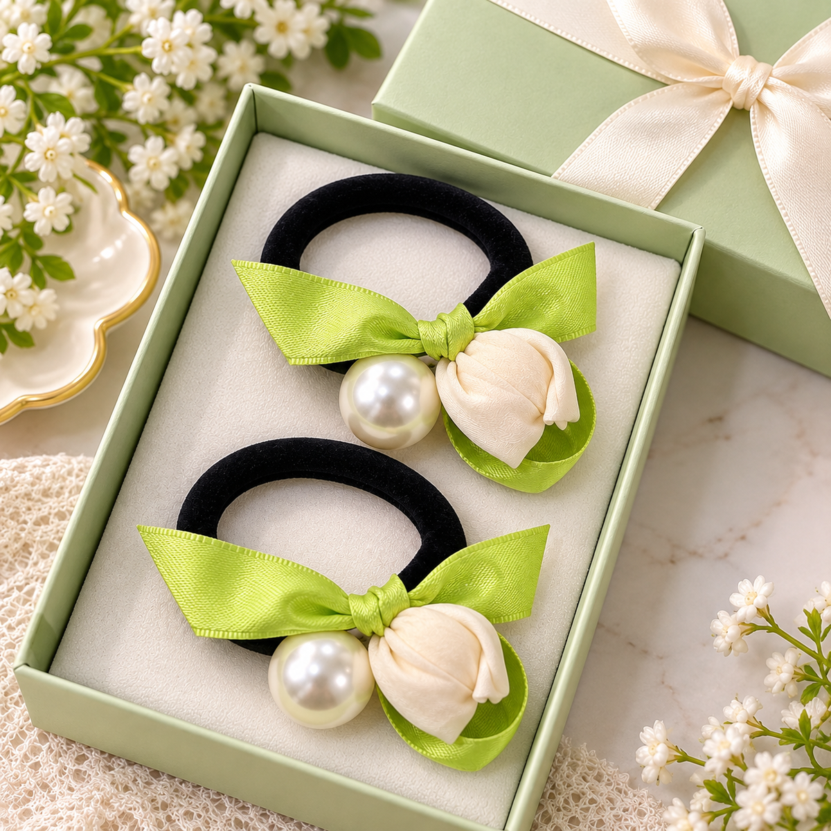 Green Floral Pearl Hair Tie