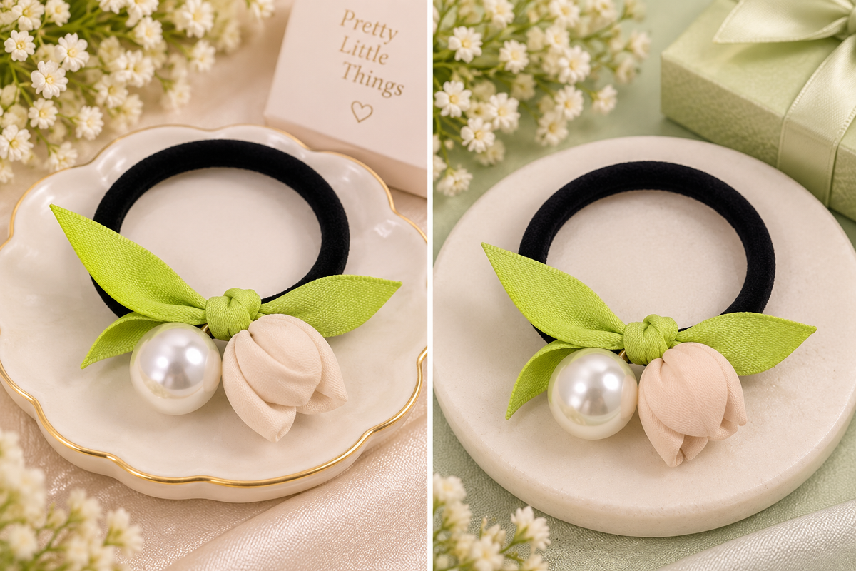 Green Floral Pearl Hair Tie