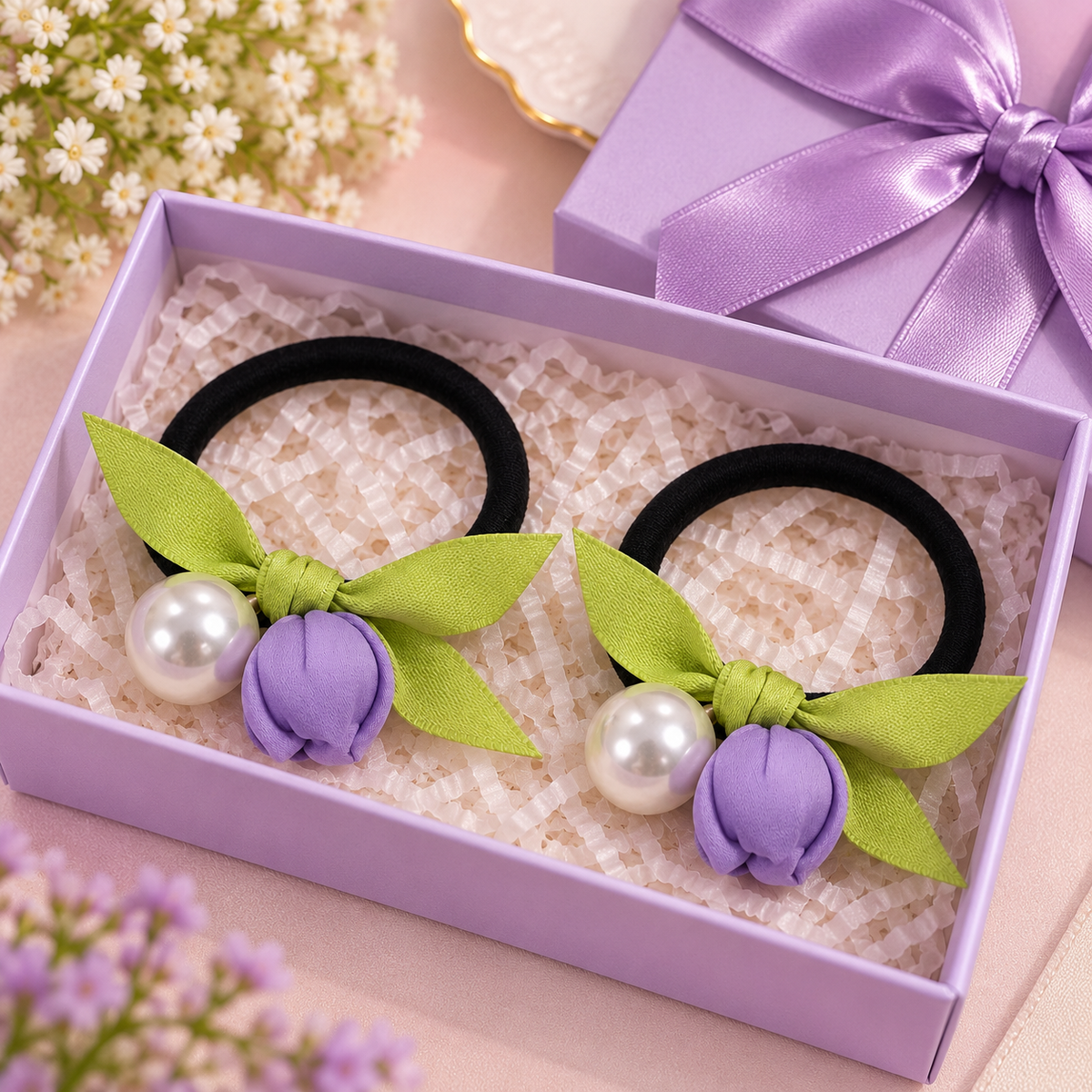 Purple Floral Pearl Hair Tie