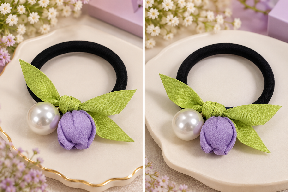 Purple Floral Pearl Hair Tie