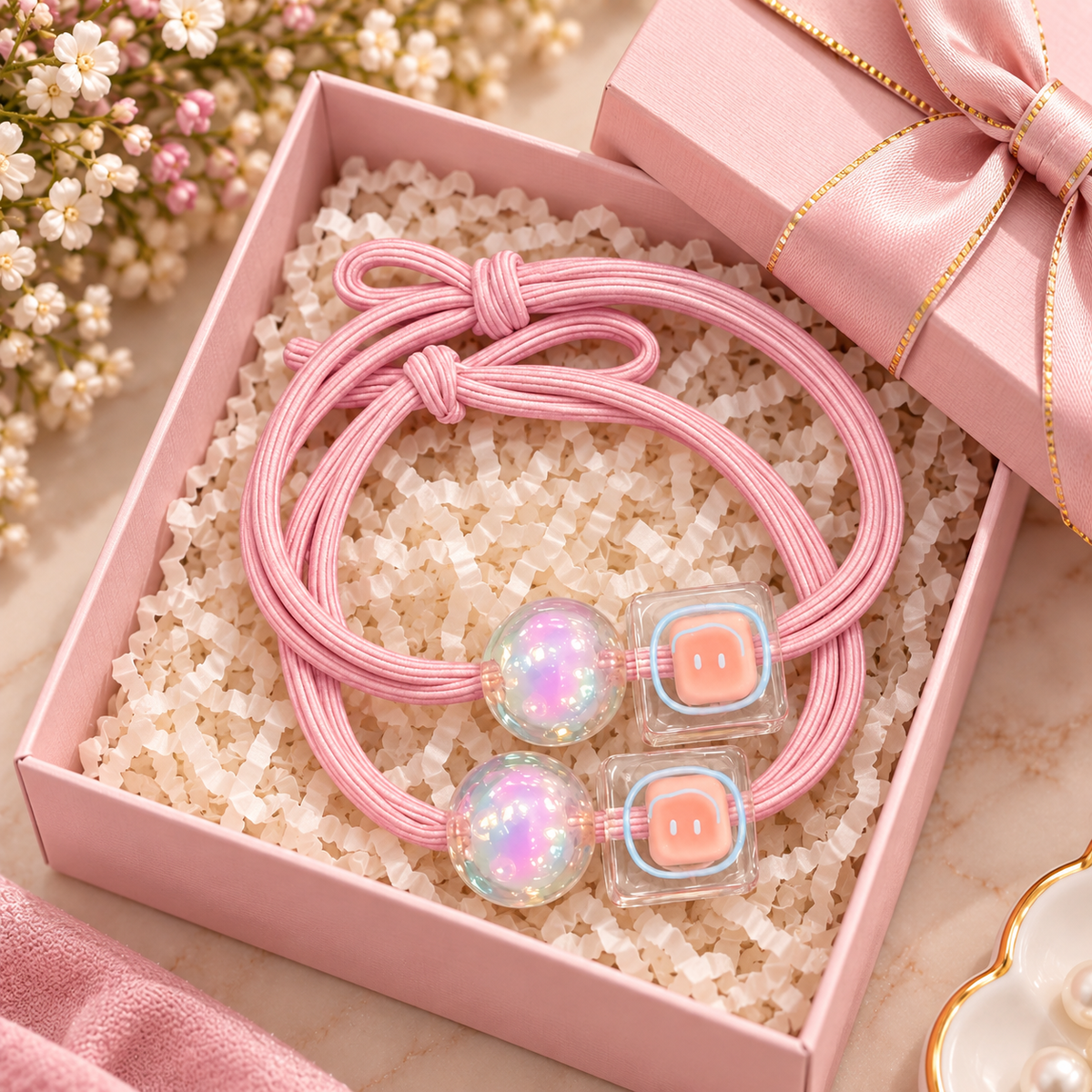 Pink Cute Charm Hair Tie Set