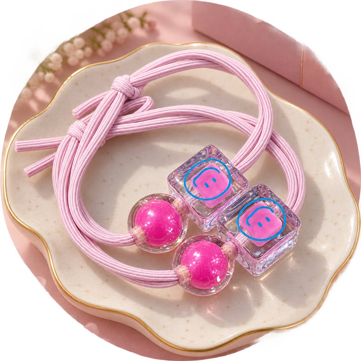 Pink Smiley Charm Hair Tie Set
