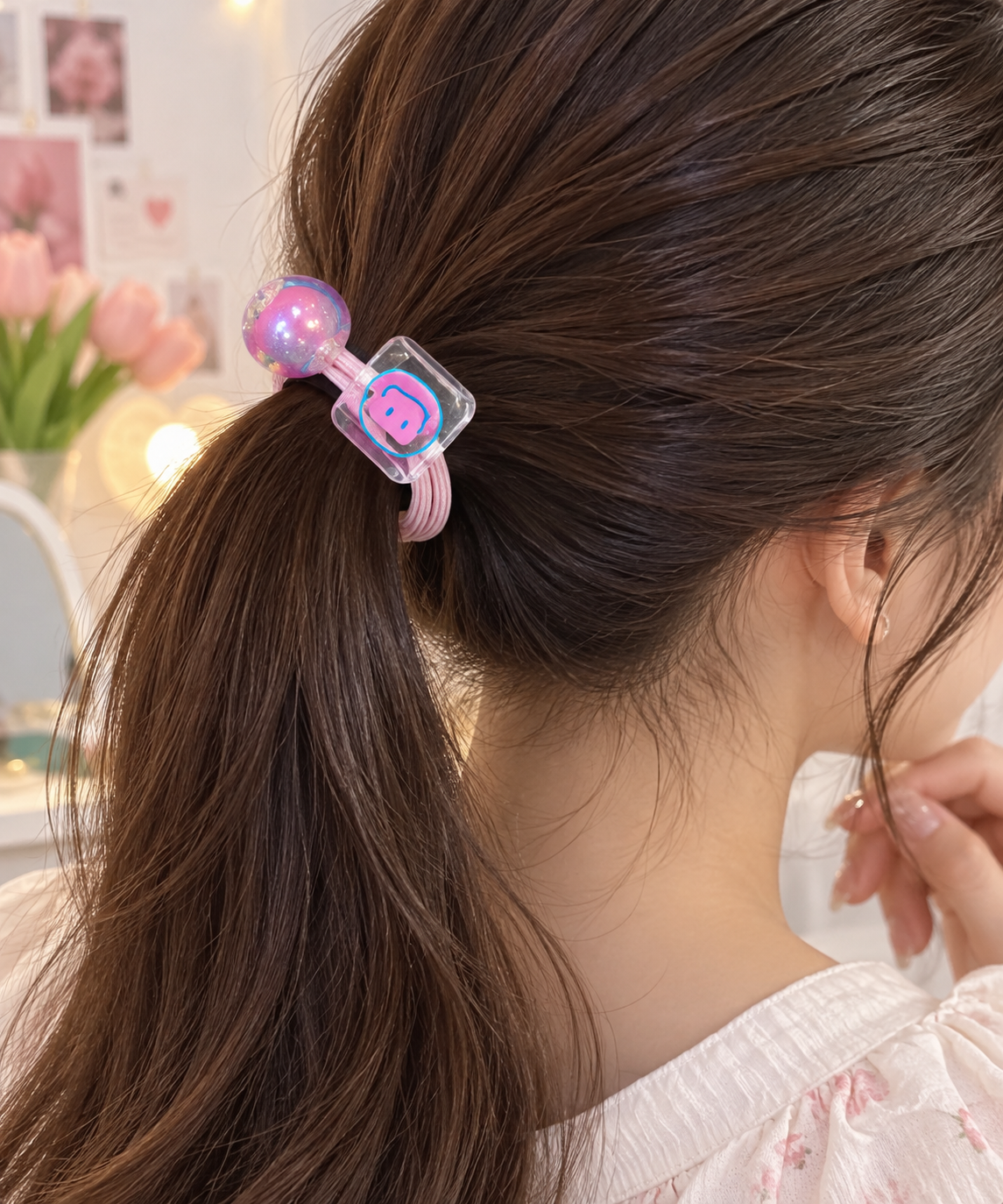 Pink Smiley Charm Hair Tie Set