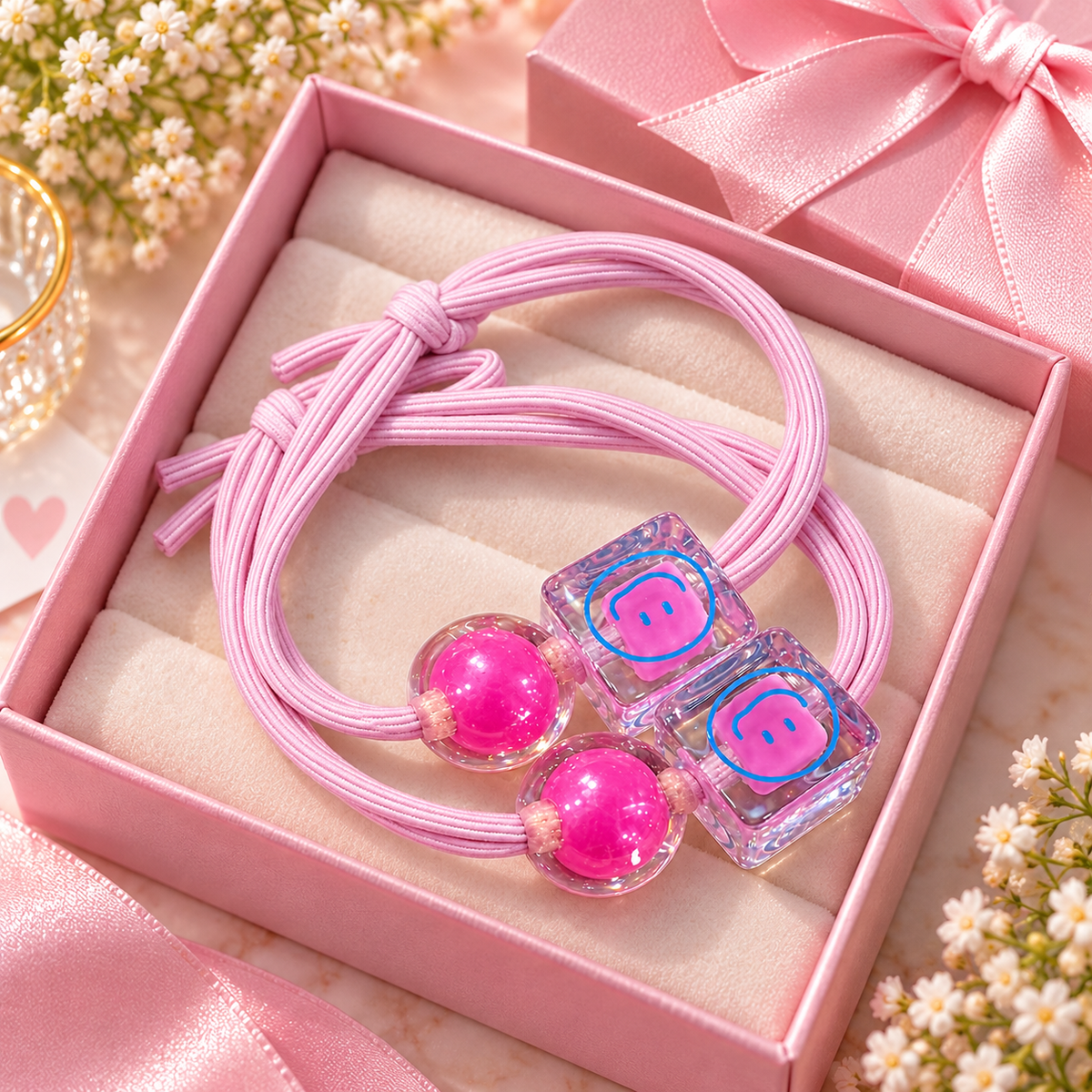 Pink Smiley Charm Hair Tie Set