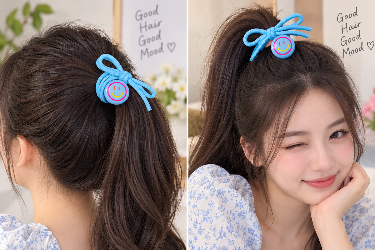 Blue Smiley Charm Hair Tie