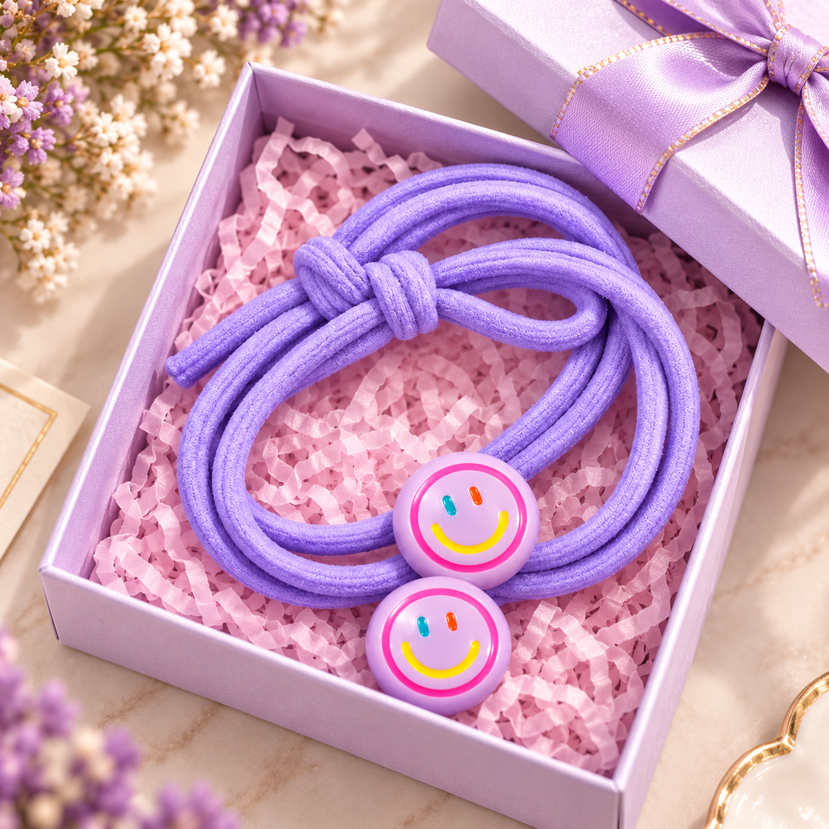 Purple Smiley Charm Hair Tie