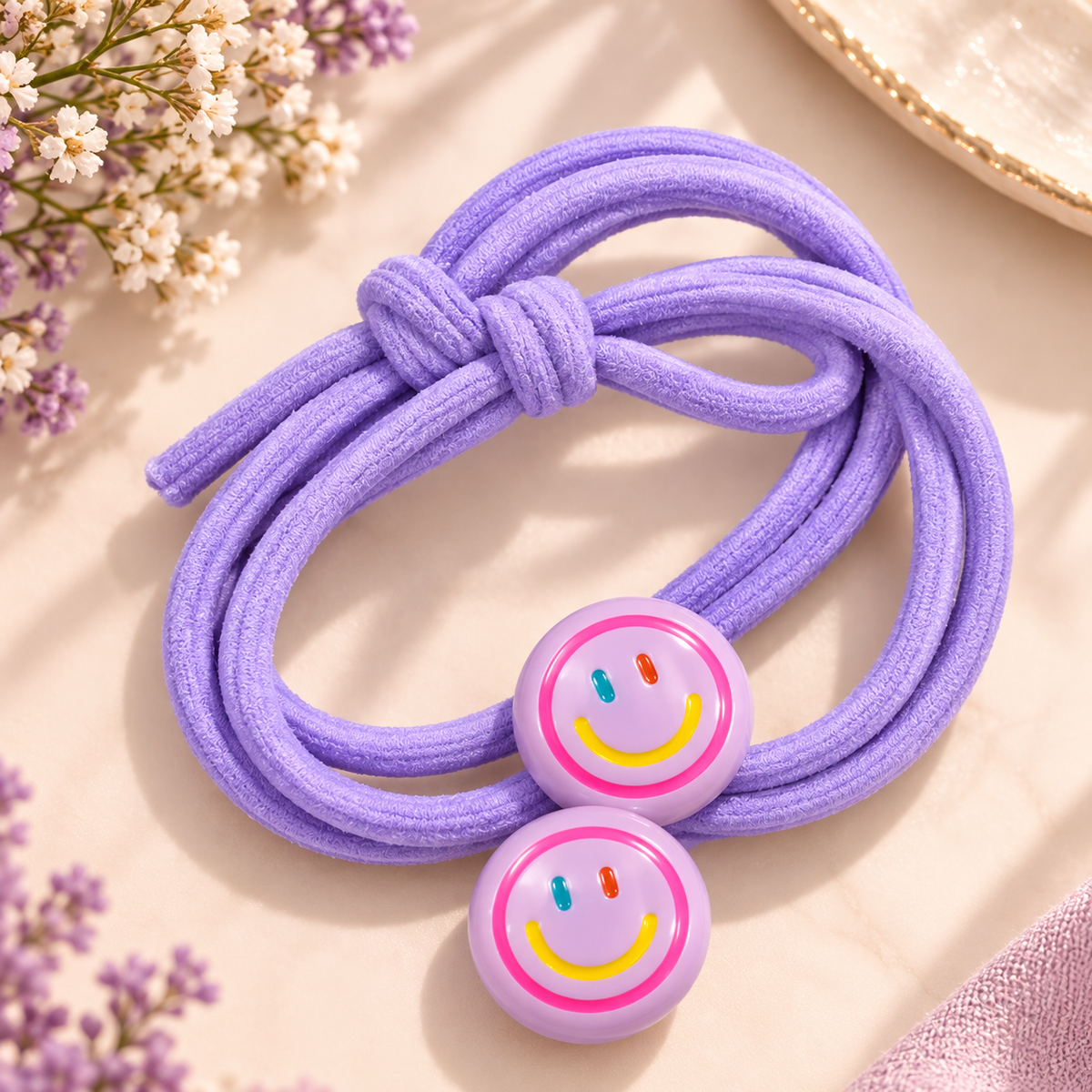 Purple Smiley Charm Hair Tie