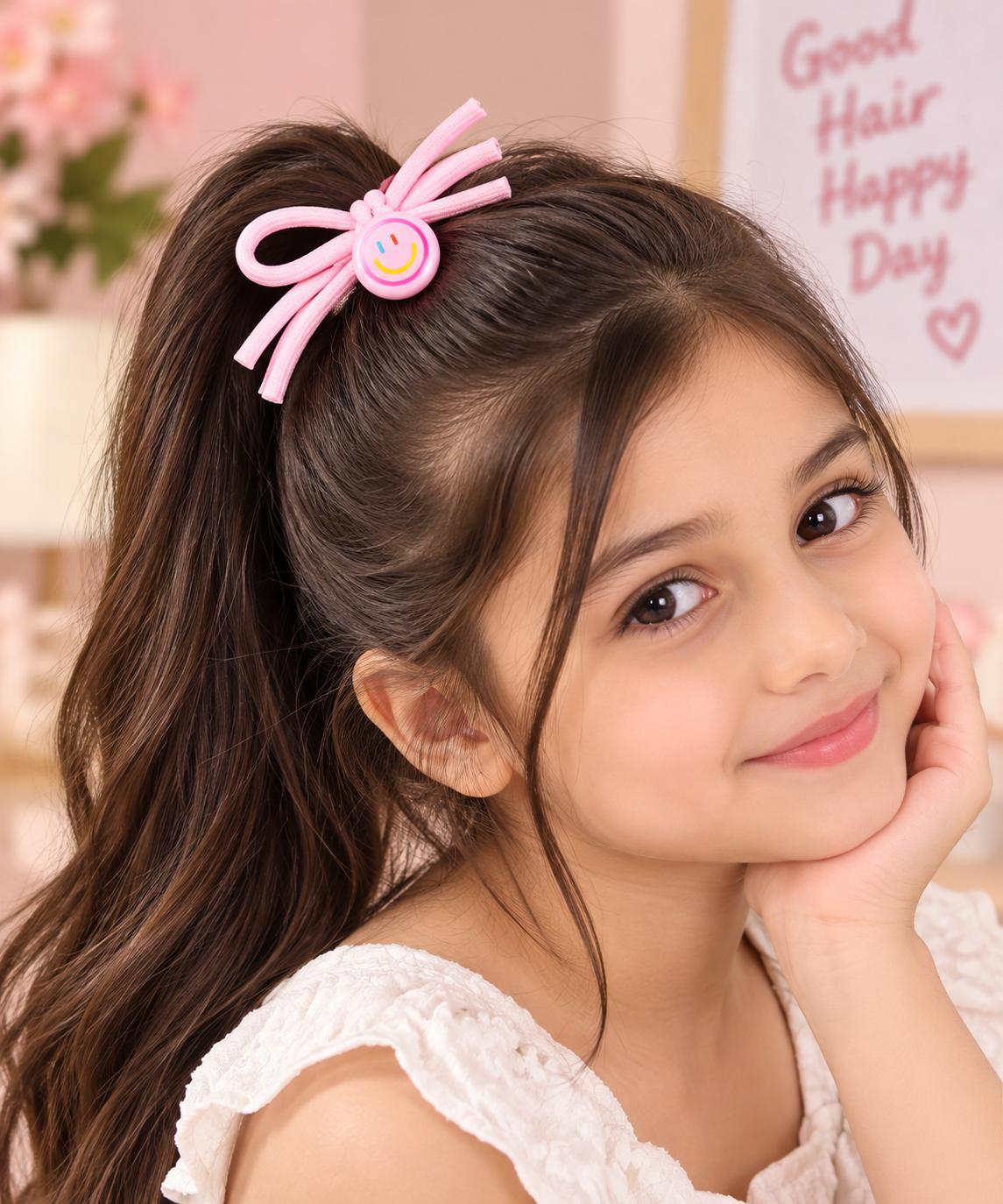 Pink Smiley Charm Hair Tie