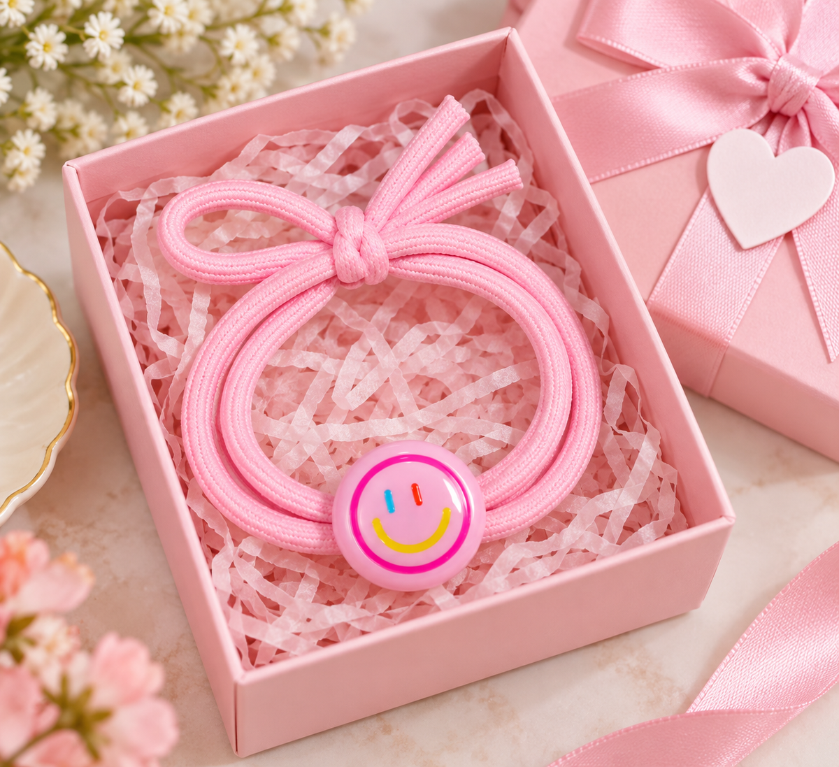 Pink Smiley Charm Hair Tie