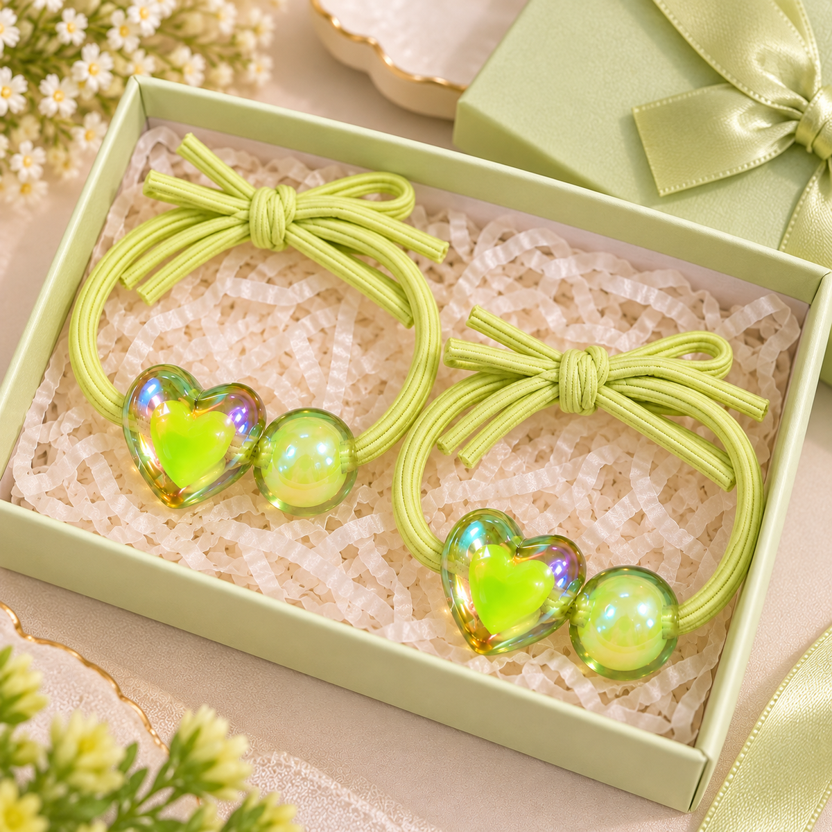 Green Heart Charm Hair Tie