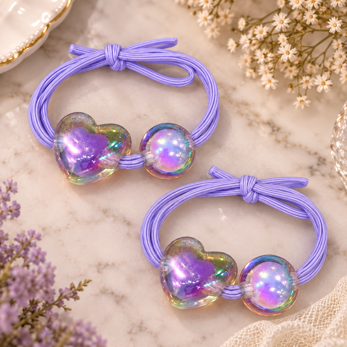 Purple Heart Charm Hair Tie Set