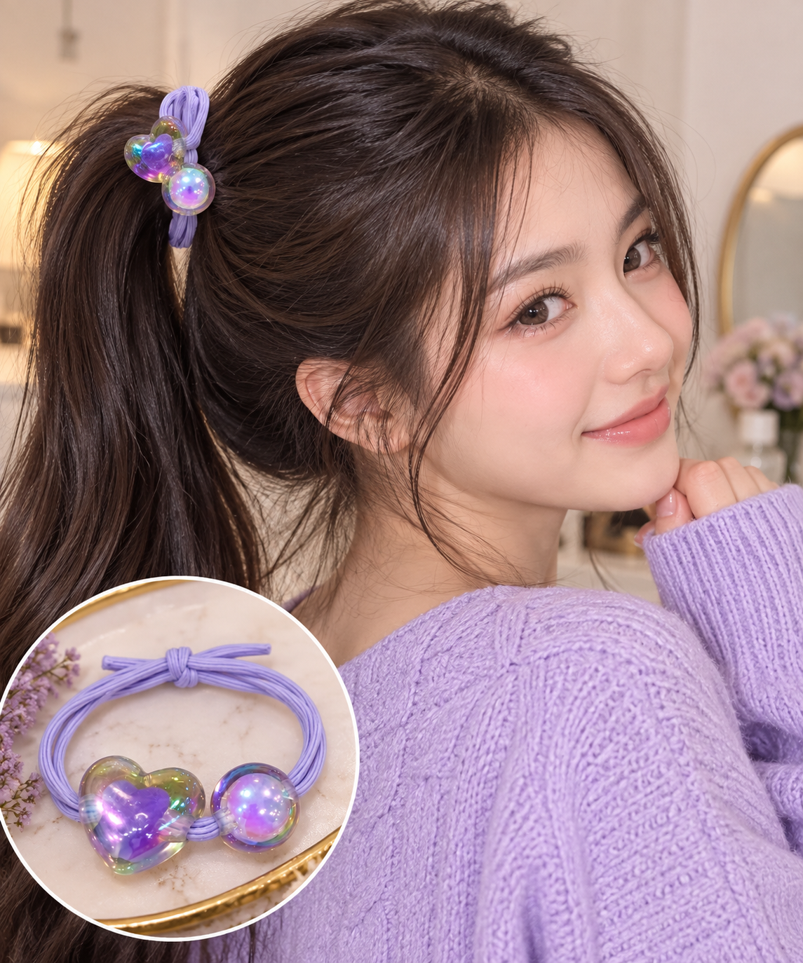 Purple Heart Charm Hair Tie Set