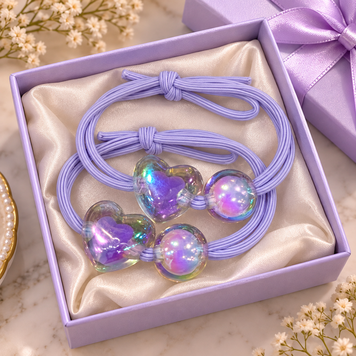 Purple Heart Charm Hair Tie Set