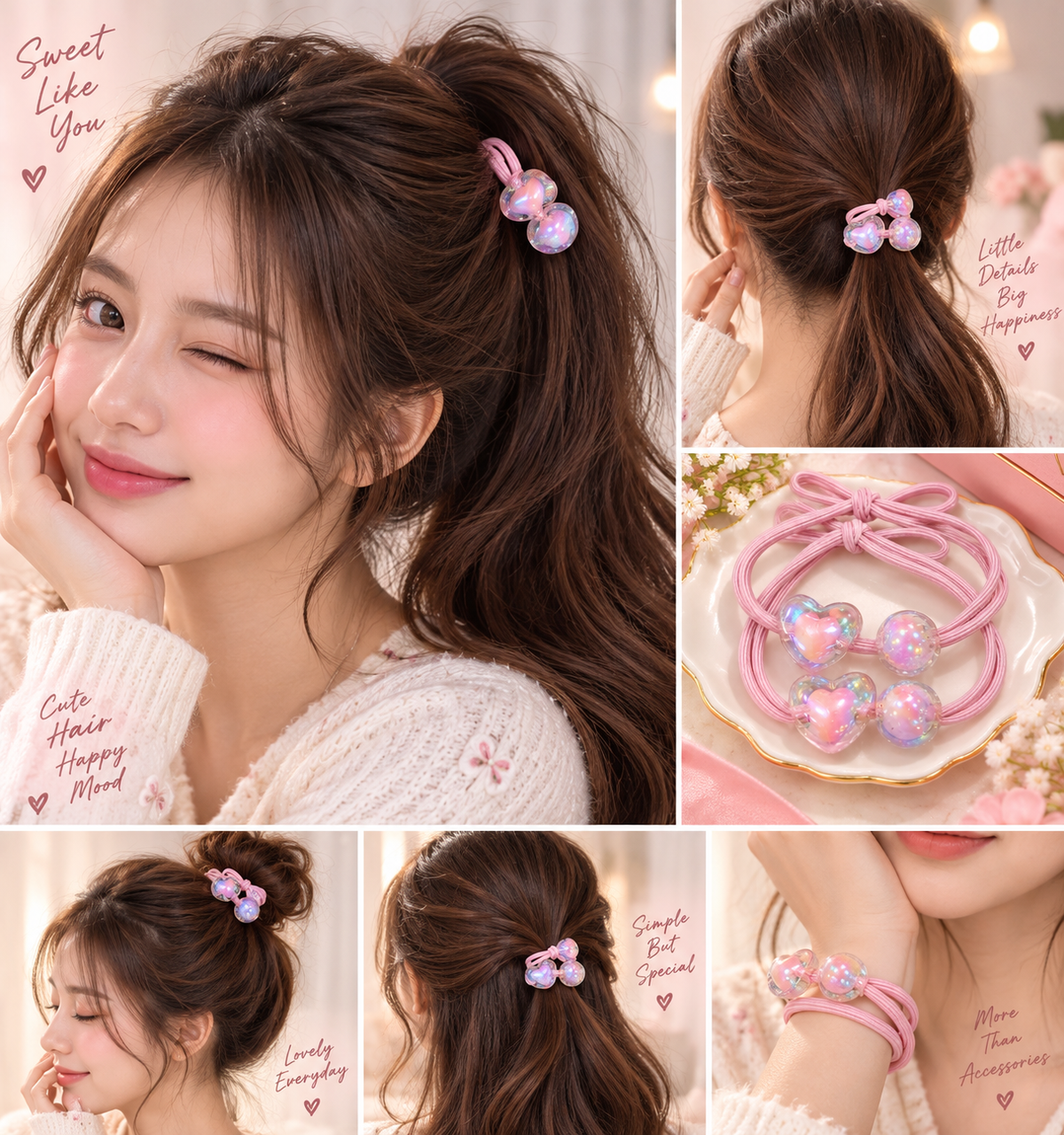 Pink Heart Charm Hair Tie Set