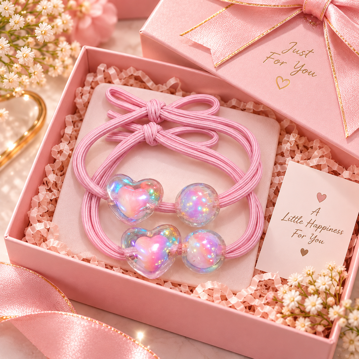 Pink Heart Charm Hair Tie Set