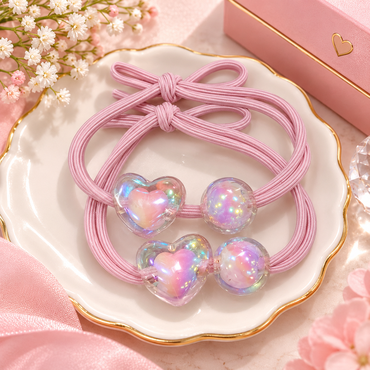 Pink Heart Charm Hair Tie Set
