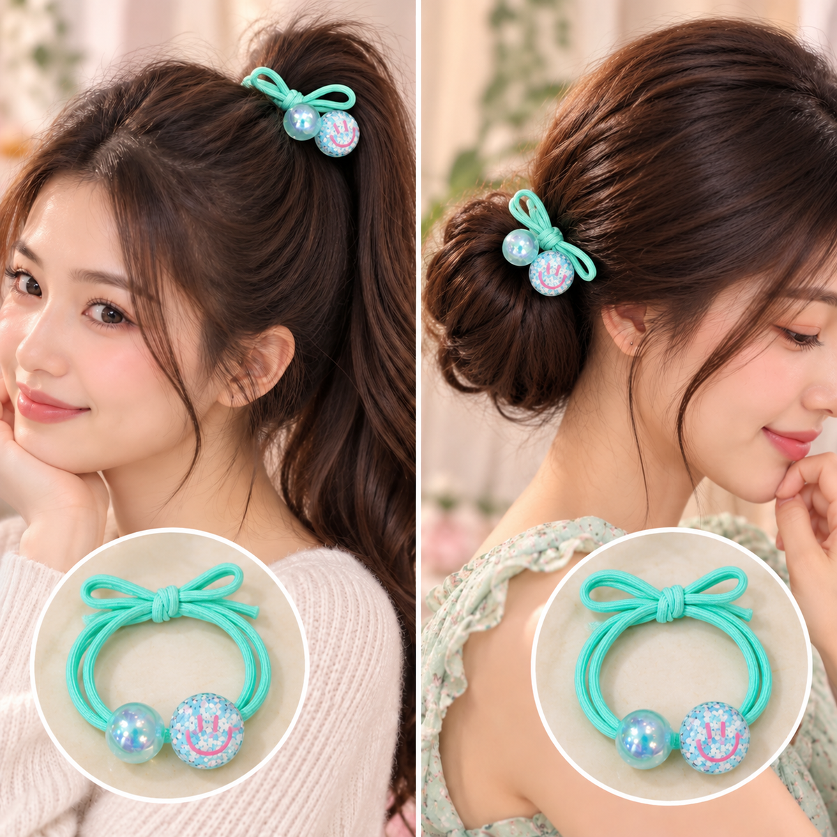 Mint Green Smiley Hair Tie Set