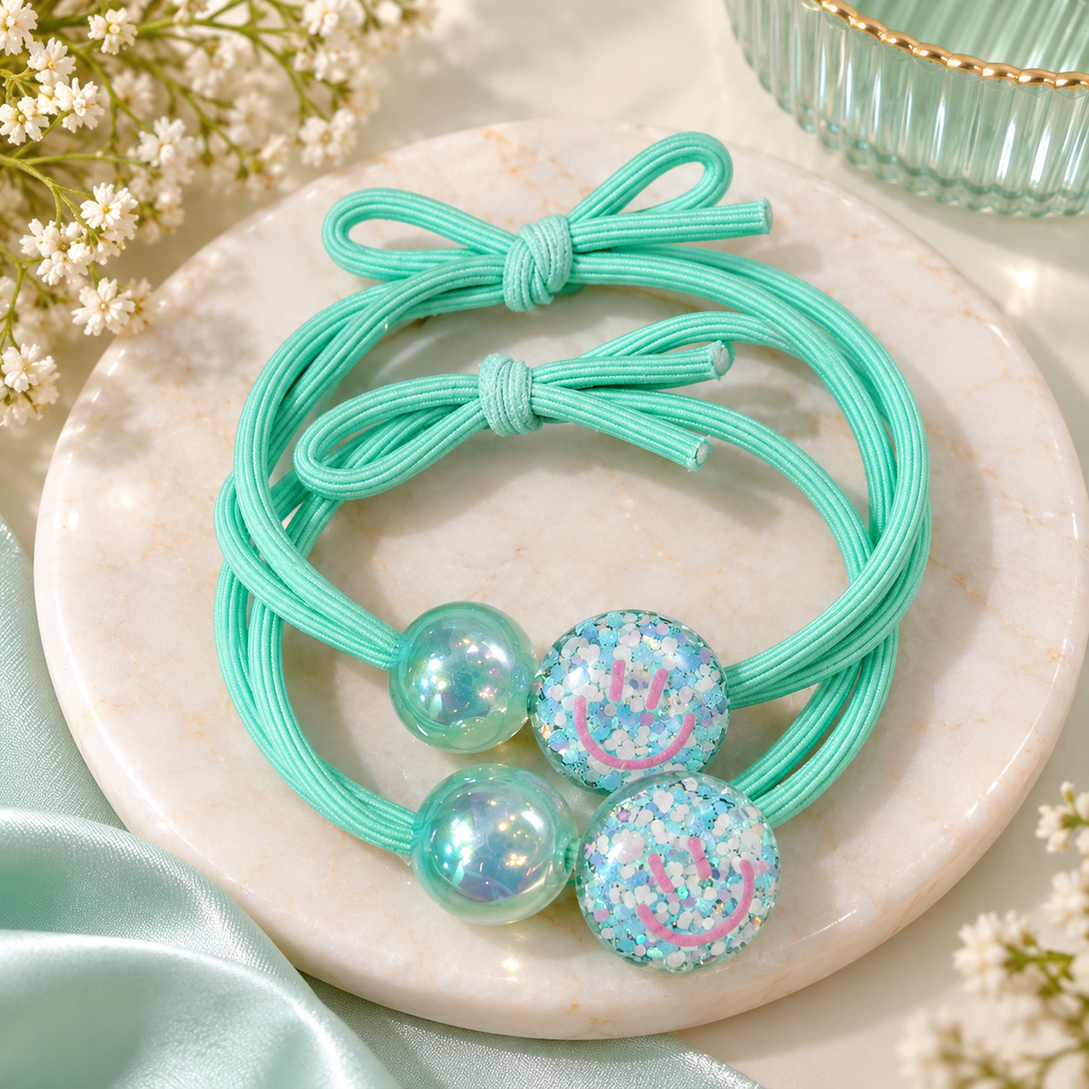 Mint Green Smiley Hair Tie Set