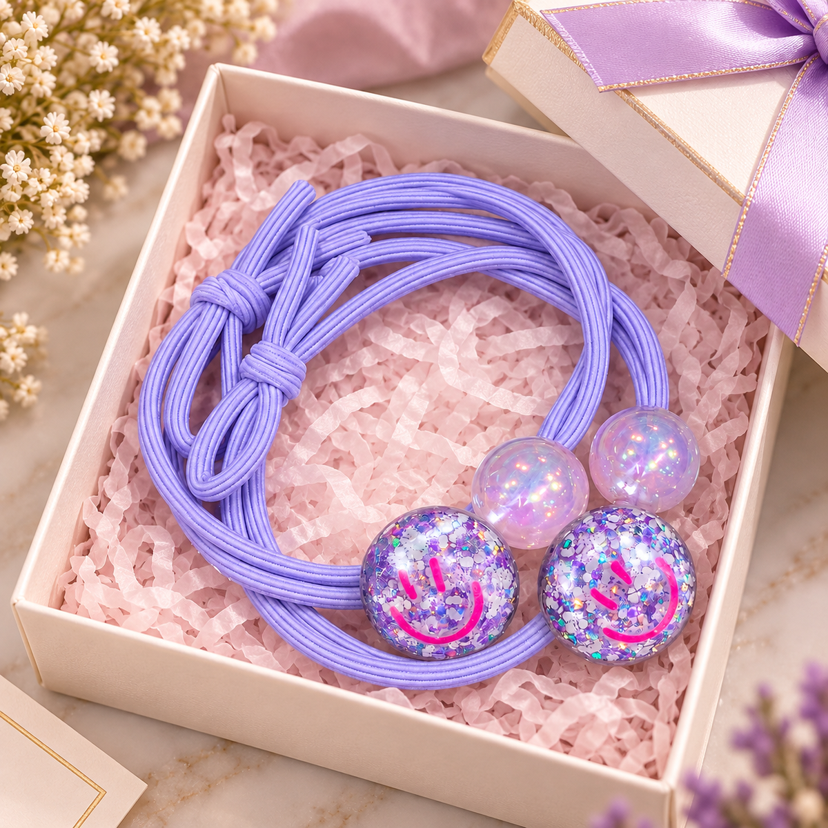 Purple Glitter Smiley Hair Tie Set