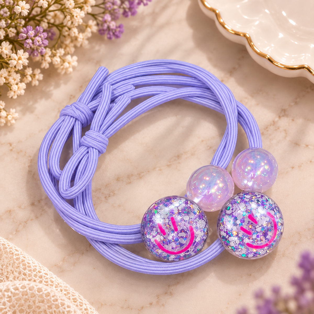 Purple Glitter Smiley Hair Tie Set