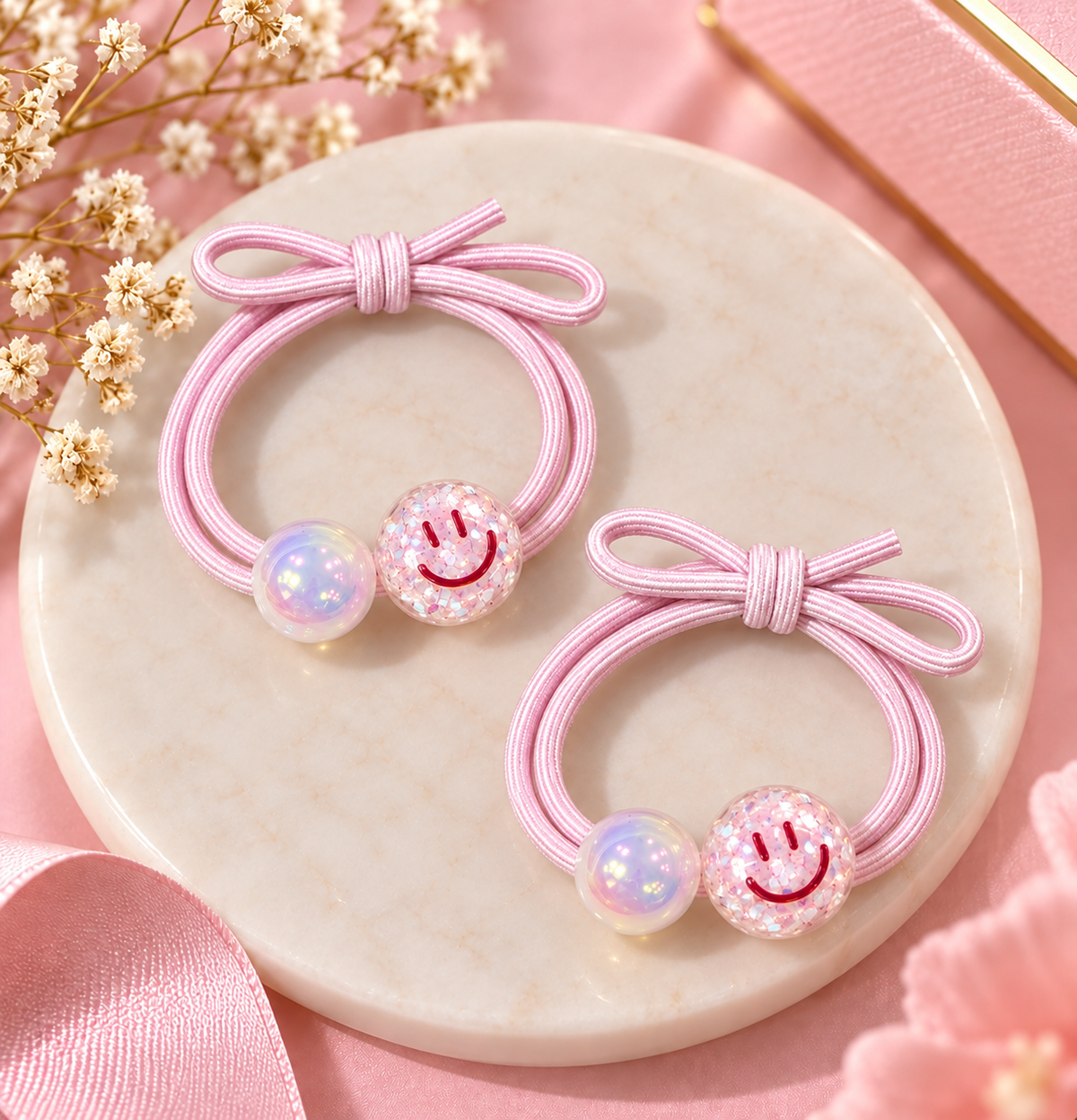 Pink Glitter Smiley Hair Tie Set