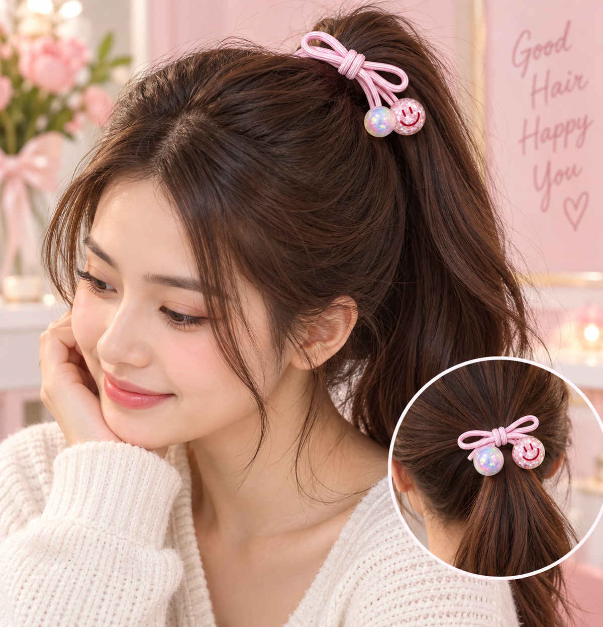 Pink Glitter Smiley Hair Tie Set