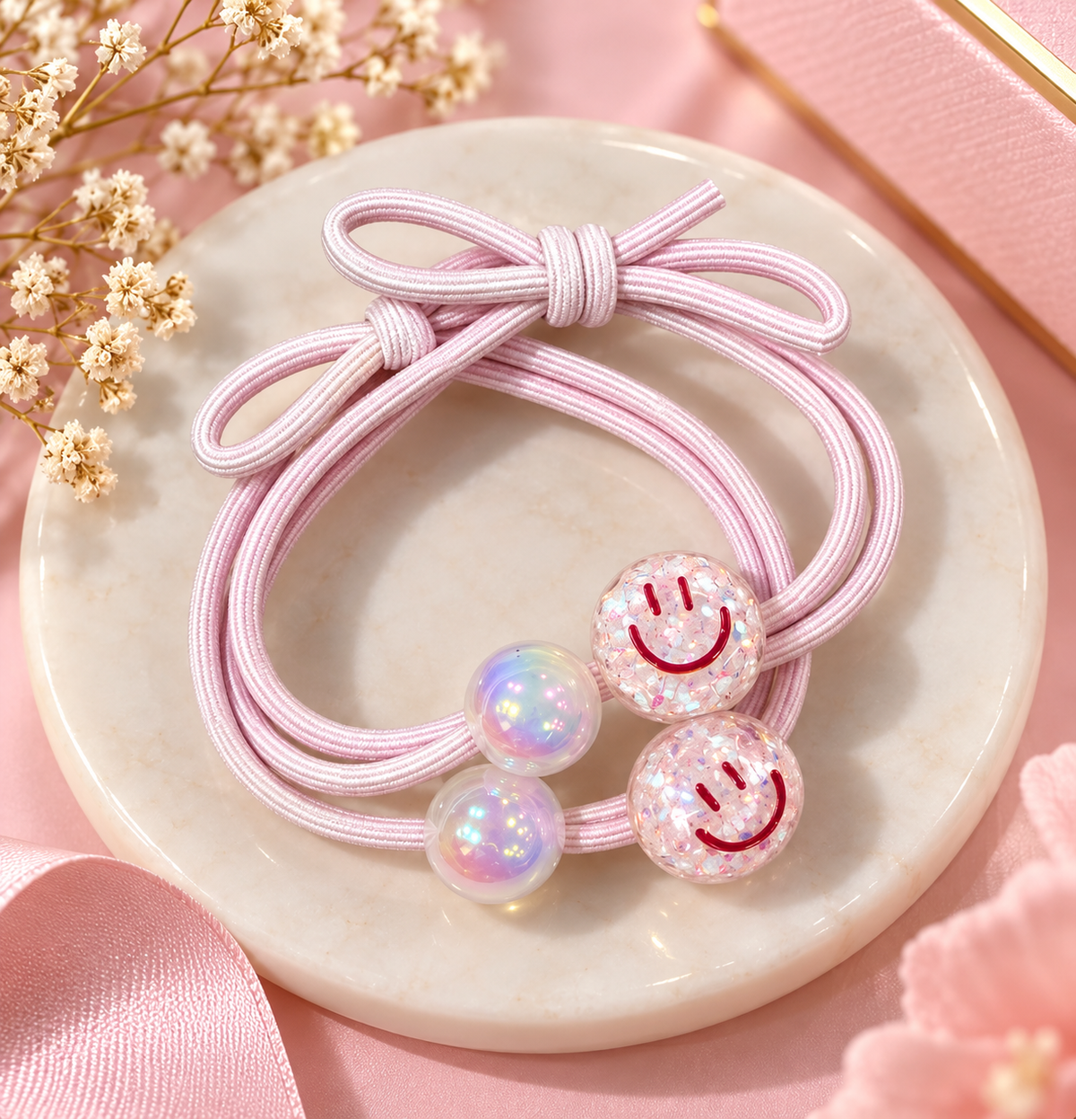 Pink Glitter Smiley Hair Tie Set
