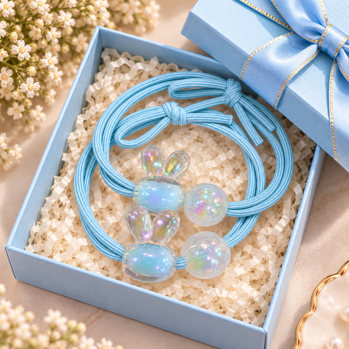 Blue Bunny Charm Hair Tie Set
