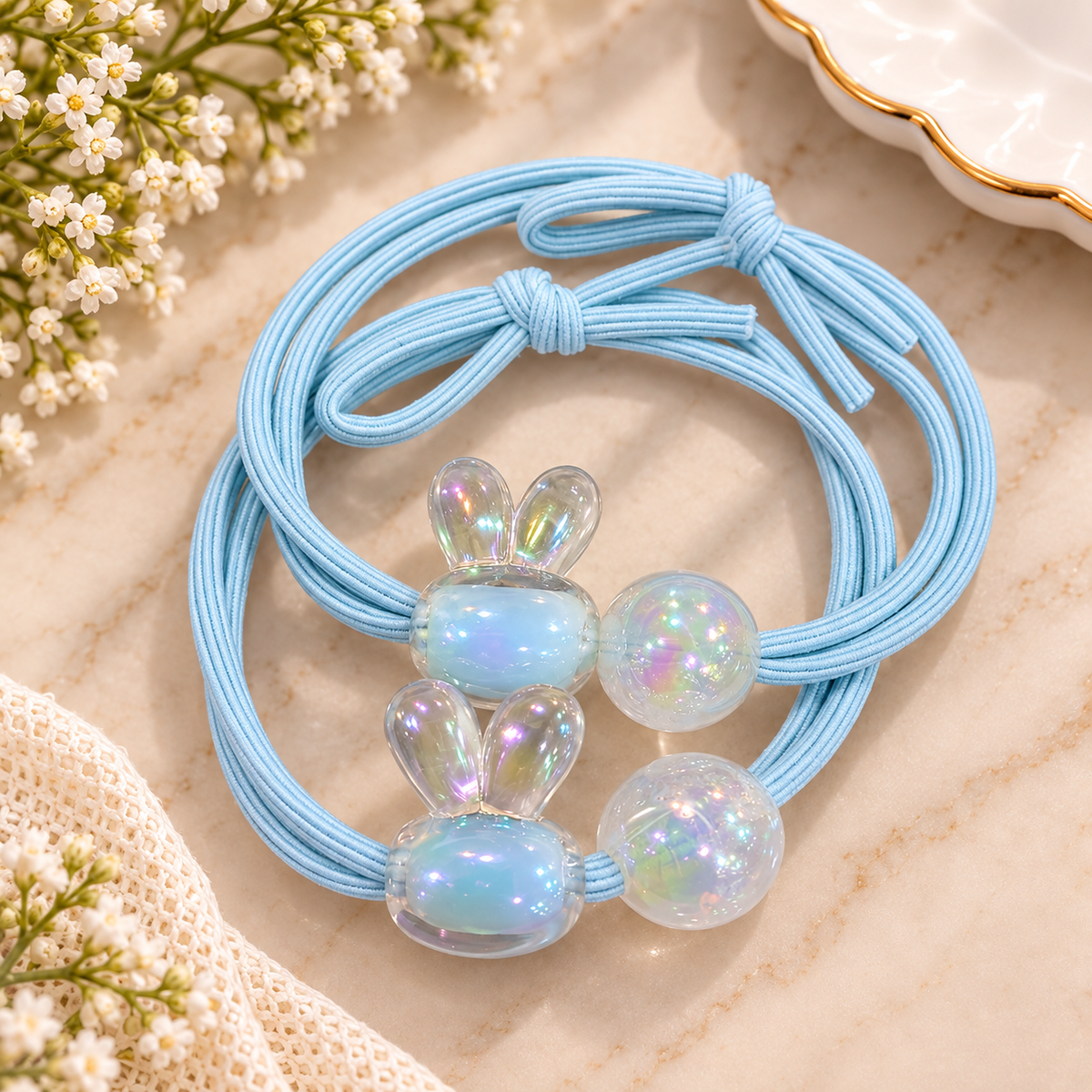 Blue Bunny Charm Hair Tie Set